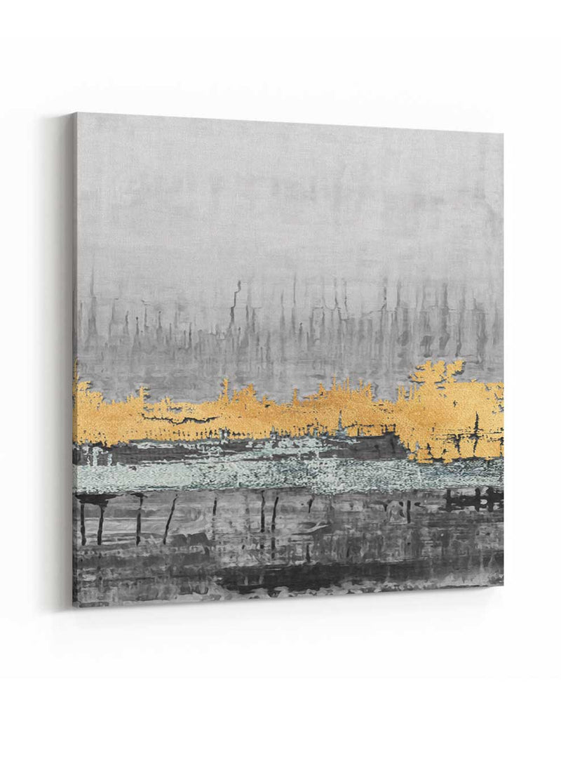 Square Canvas Wall Art Stretched Over Wooden Frame with Gold Floating Frame and Mesmerizing Landscape Painting