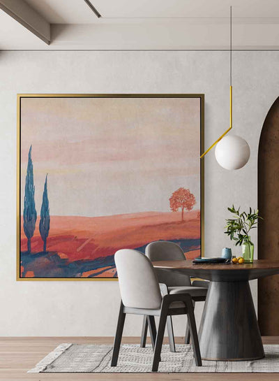 Square Canvas Wall Art Stretched Over Wooden Frame with Gold Floating Frame and Camels Caravan In The Desert Painting