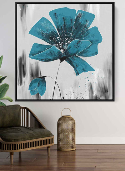 Square Canvas Wall Art Stretched Over Wooden Frame with Black Floating Frame and Blue Shades Oil Painting