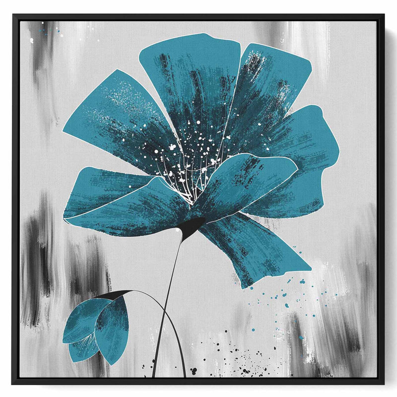 Square Canvas Wall Art Stretched Over Wooden Frame with Black Floating Frame and Blue Shades Oil Painting