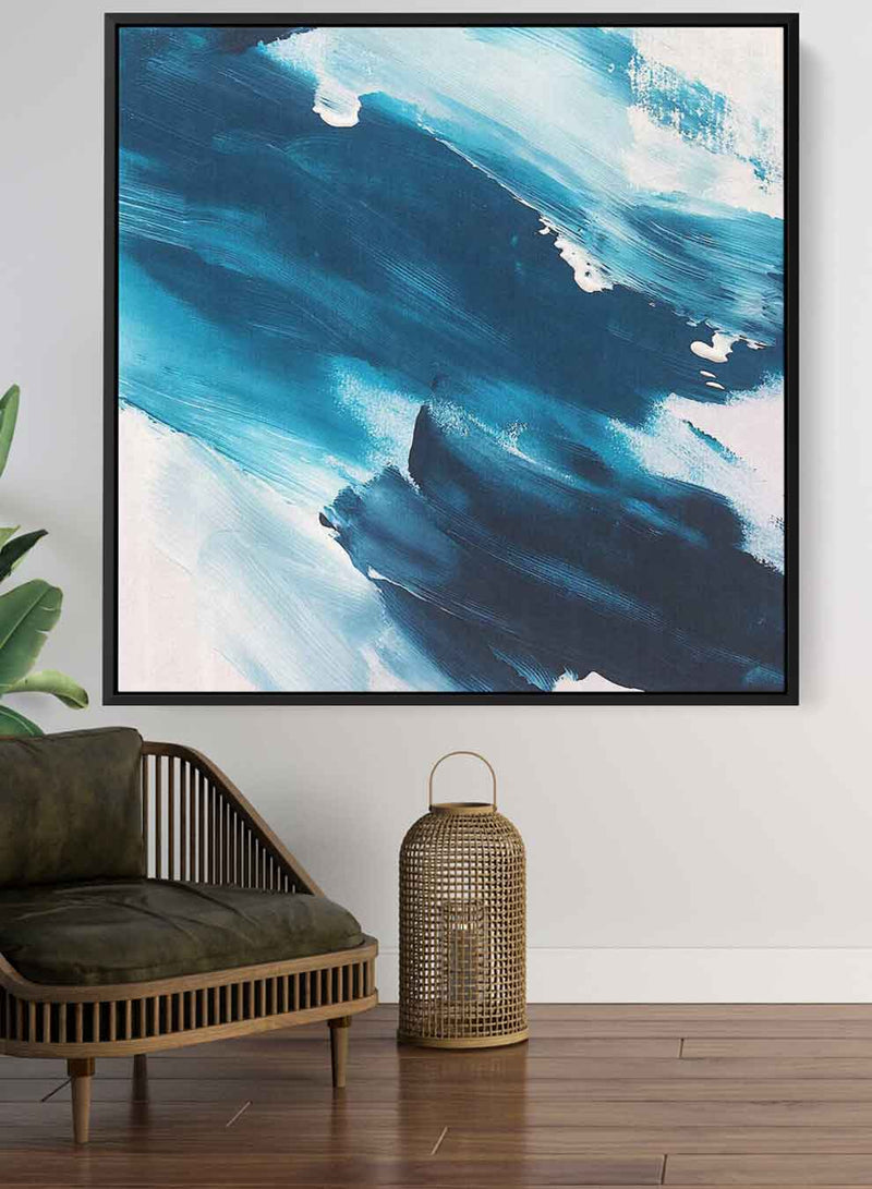 Square Canvas Wall Art Stretched Over Wooden Frame with Black Floating Frame and Blue Waves Abstract Painting
