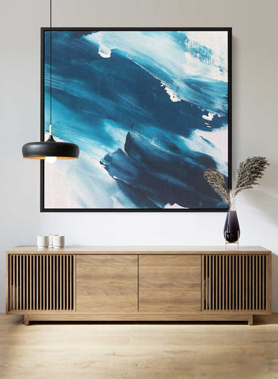 Square Canvas Wall Art Stretched Over Wooden Frame with Black Floating Frame and Blue Waves Abstract Painting