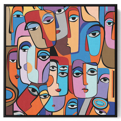 Square Canvas Wall Art Stretched Over Wooden Frame with Gold Floating Frame and Colourful Oil Painting