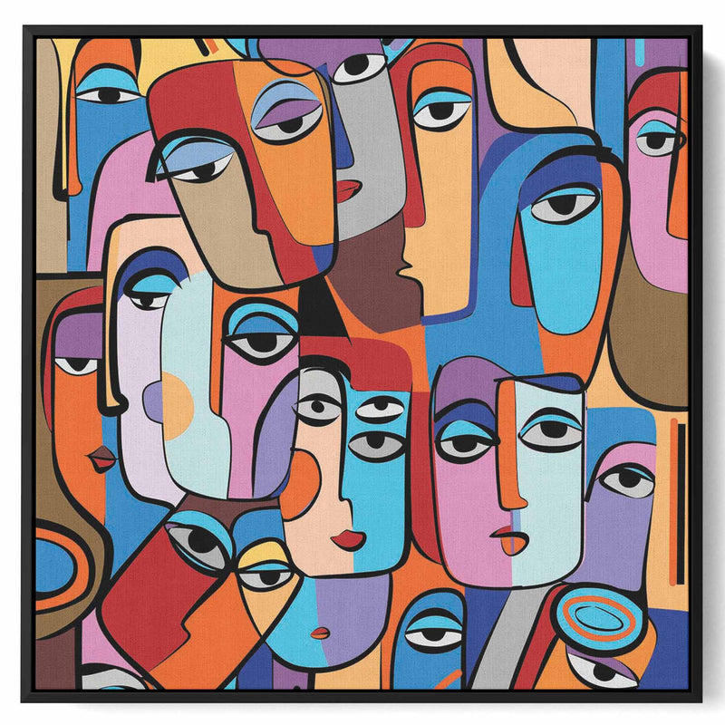 Square Canvas Wall Art Stretched Over Wooden Frame with Gold Floating Frame and Colourful Oil Painting