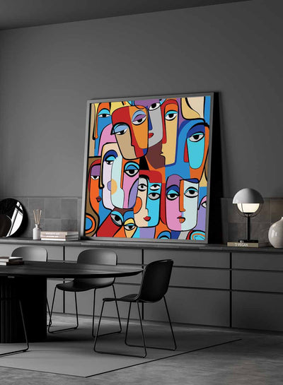 Square Canvas Wall Art Stretched Over Wooden Frame with Gold Floating Frame and Colourful Oil Painting