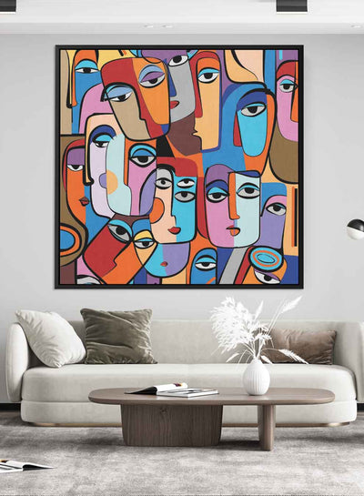 Square Canvas Wall Art Stretched Over Wooden Frame with Gold Floating Frame and Colourful Oil Painting