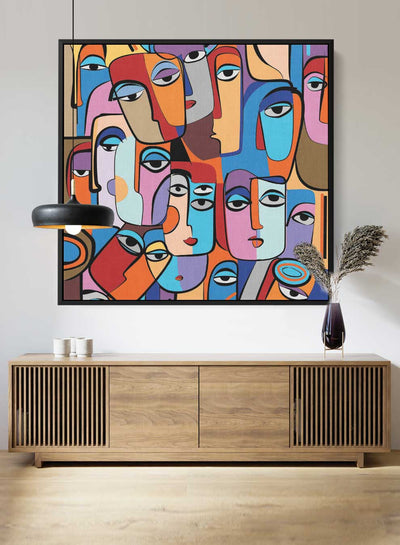 Square Canvas Wall Art Stretched Over Wooden Frame with Gold Floating Frame and Colourful Oil Painting