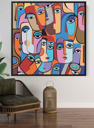 Square Canvas Wall Art Stretched Over Wooden Frame with Gold Floating Frame and Colourful Oil Painting