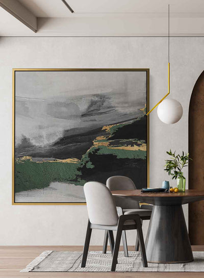 Square Canvas Wall Art Stretched Over Wooden Frame with Gold Floating Frame and Electric Storm Abstract Painting