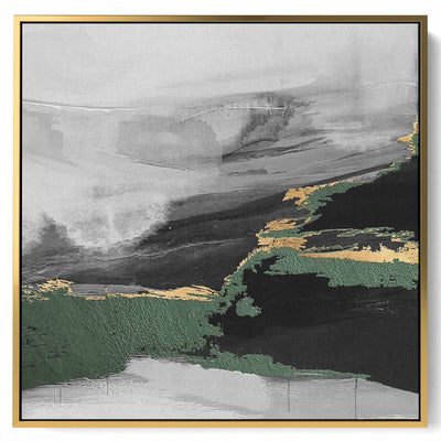 Square Canvas Wall Art Stretched Over Wooden Frame with Gold Floating Frame and Electric Storm Abstract Painting