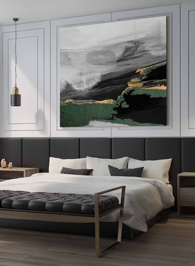 Square Canvas Wall Art Stretched Over Wooden Frame with Gold Floating Frame and Electric Storm Abstract Painting