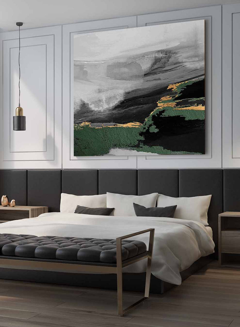 Square Canvas Wall Art Stretched Over Wooden Frame with Gold Floating Frame and Electric Storm Abstract Painting