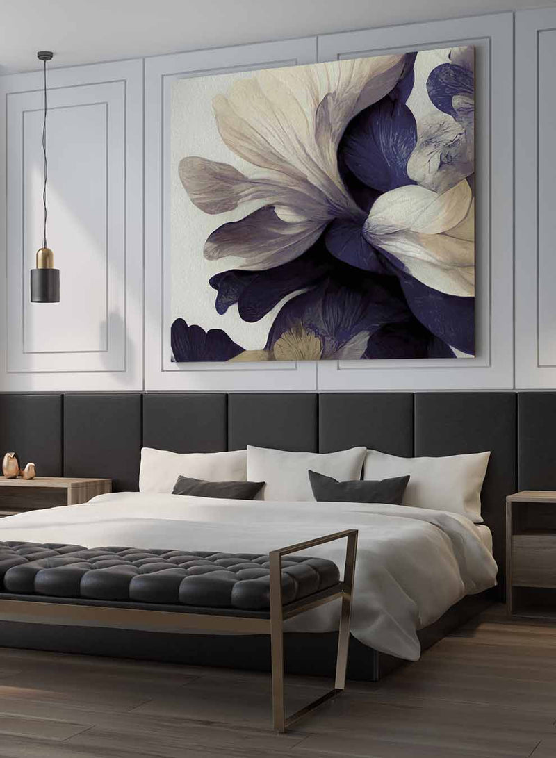 Square Canvas Wall Art Stretched Over Wooden Frame with Black Floating Frame and Beautiful Flowers Painting