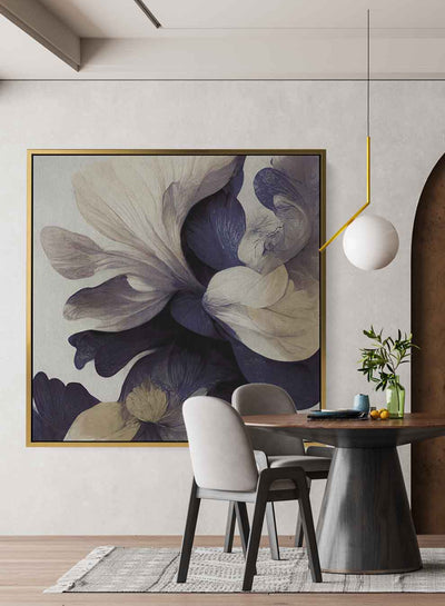 Square Canvas Wall Art Stretched Over Wooden Frame with Black Floating Frame and Beautiful Flowers Painting