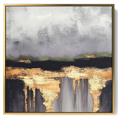 Square Canvas Wall Art Stretched Over Wooden Frame with Gold Floating Frame and Flying Butterflies Abstract Painting