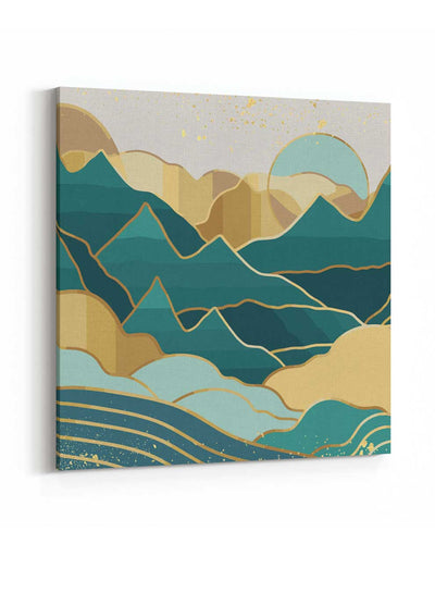 Square Canvas Wall Art Stretched Over Wooden Frame with Gold Floating Frame and Sky Glitch Abstract Painting