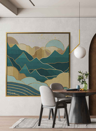 Square Canvas Wall Art Stretched Over Wooden Frame with Gold Floating Frame and Sky Glitch Abstract Painting