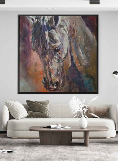 Square Canvas Wall Art Stretched Over Wooden Frame with Brown Floating Frame and Horse Head With Shiny Eyes Painting