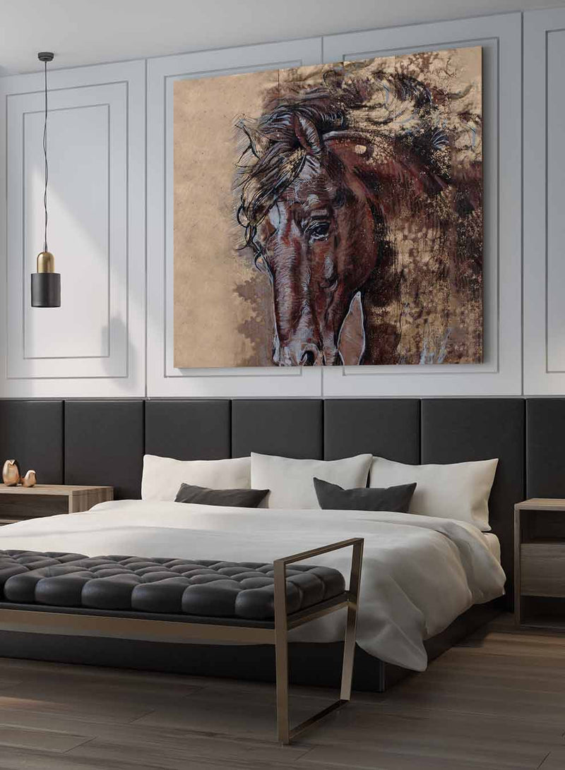 Square Canvas Wall Art Stretched Over Wooden Frame with Gold Floating Frame and Wild Horses Abstract Painting