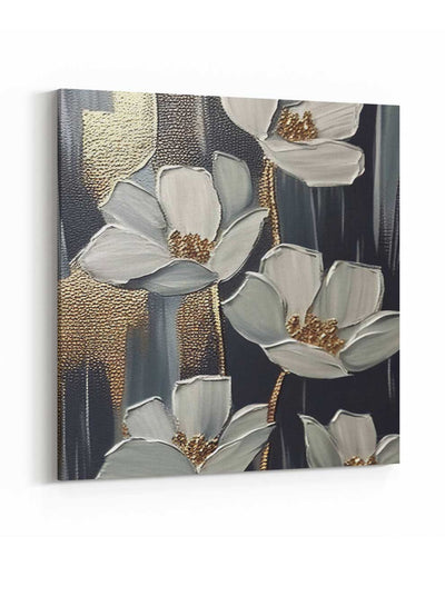 Square Canvas Wall Art Stretched Over Wooden Frame with Gold Floating Frame and Luxury Flowers Art Painting