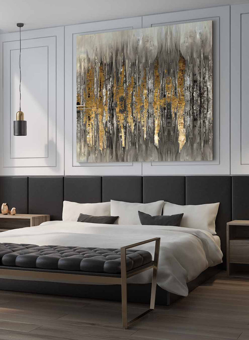 Square Canvas Wall Art Stretched Over Wooden Frame with Gold Floating Frame and Wild Horse Painting