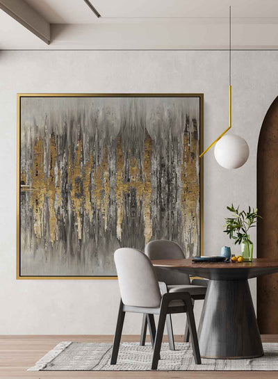 Square Canvas Wall Art Stretched Over Wooden Frame with Gold Floating Frame and Wild Horse Painting