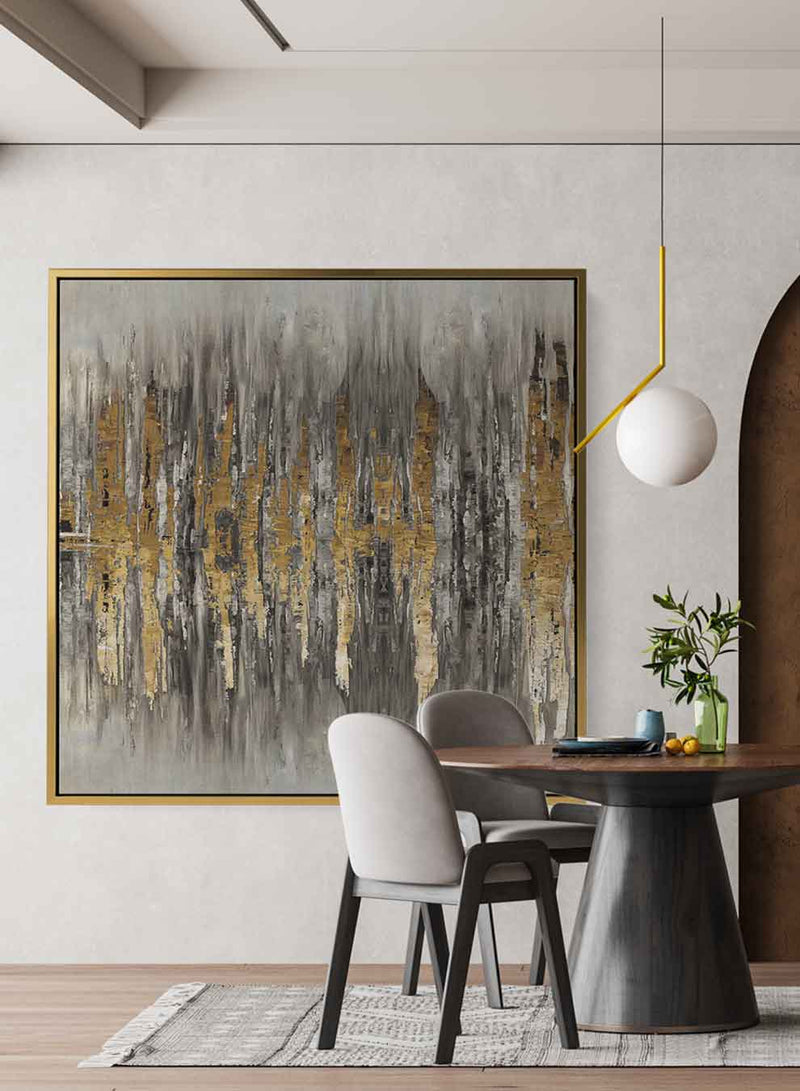 Square Canvas Wall Art Stretched Over Wooden Frame with Gold Floating Frame and Wild Horse Painting