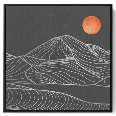Square Canvas Wall Art Stretched Over Wooden Frame with Gold Floating Frame and Moon On Mountains Painting