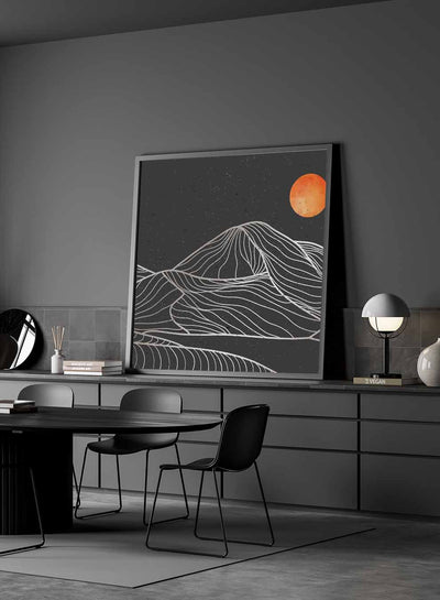Square Canvas Wall Art Stretched Over Wooden Frame with Gold Floating Frame and Moon On Mountains Painting