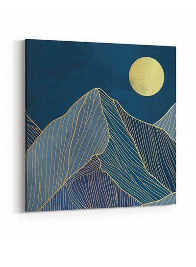 Square Canvas Wall Art Stretched Over Wooden Frame with Gold Floating Frame and Sunrise On The Mountains Painting