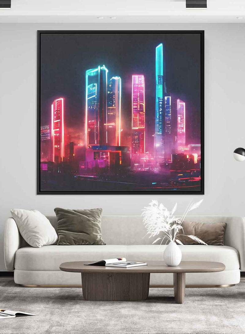Square Canvas Wall Art Stretched Over Wooden Frame with Gold Floating Frame and New York City Painting