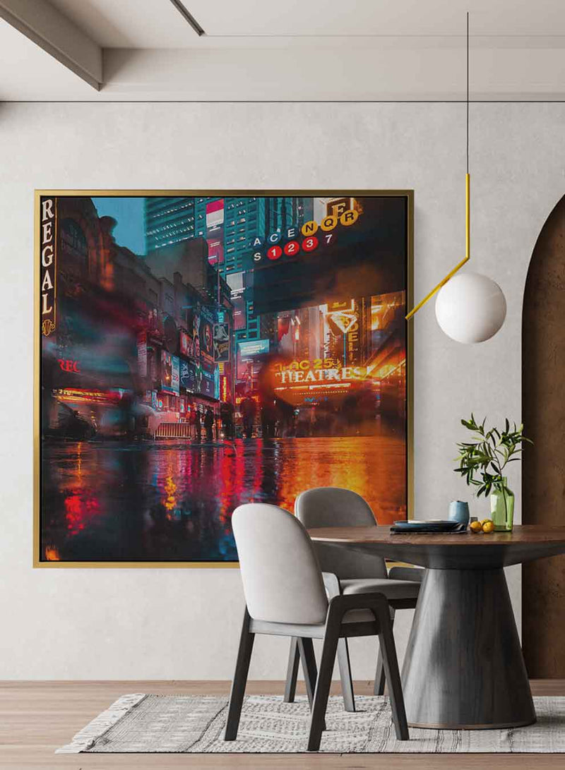 Square Canvas Wall Art Stretched Over Wooden Frame with Black Floating Frame and City View Oil Painting