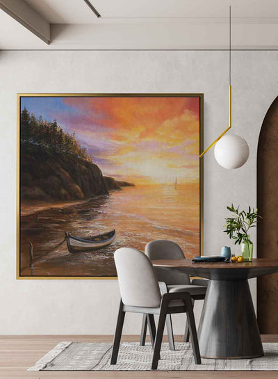 Square Canvas Wall Art Stretched Over Wooden Frame with Gold Floating Frame and Boats In The Ocean Oil Painting