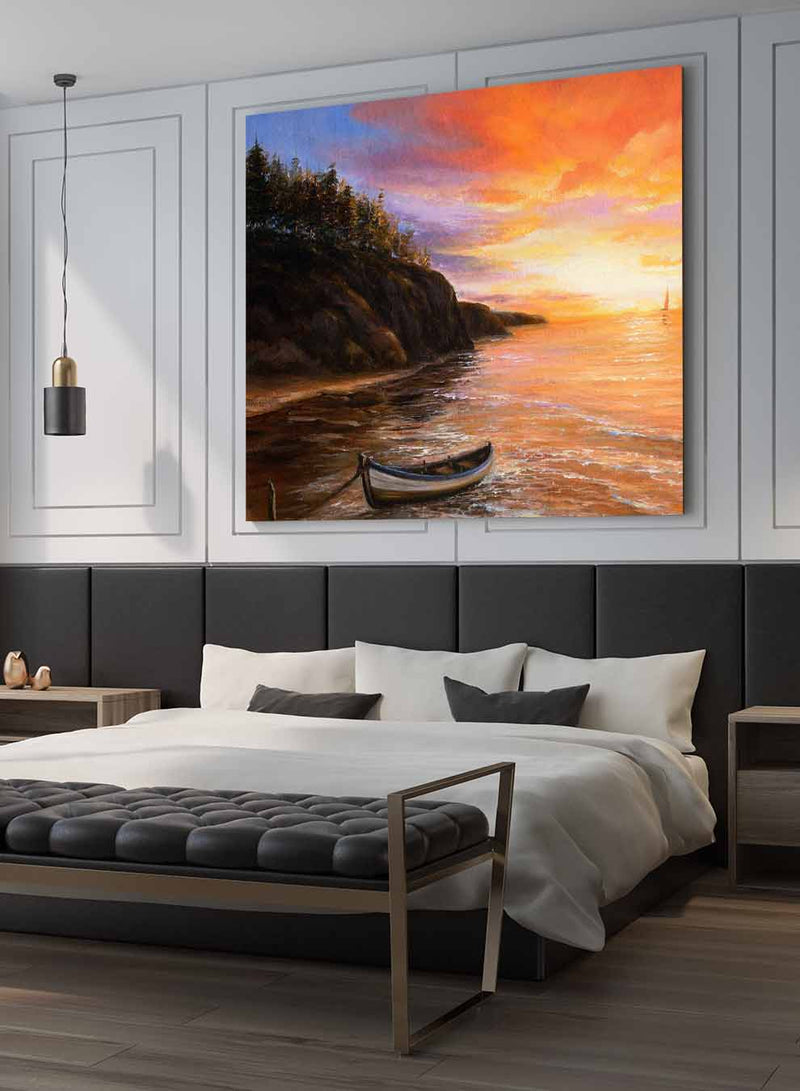Square Canvas Wall Art Stretched Over Wooden Frame with Gold Floating Frame and Boats In The Ocean Oil Painting