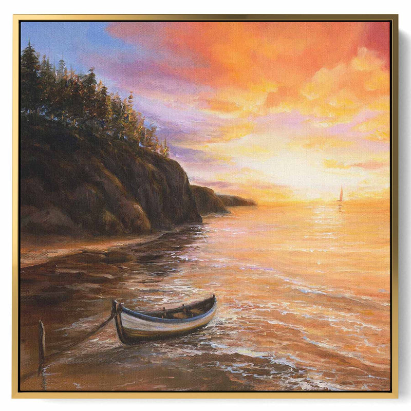 Square Canvas Wall Art Stretched Over Wooden Frame with Gold Floating Frame and Boats In The Ocean Oil Painting