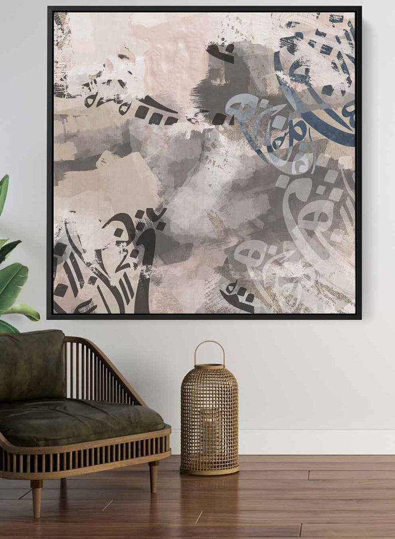 Square Canvas Wall Art Stretched Over Wooden Frame with Black Floating Frame and Blooming Flower Painting