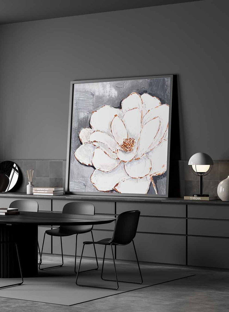 Square Canvas Wall Art Stretched Over Wooden Frame with Gold Floating Frame and Flower Pattern Painting