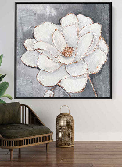 Square Canvas Wall Art Stretched Over Wooden Frame with Gold Floating Frame and Flower Pattern Painting