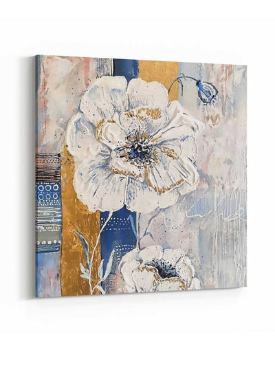 Square Canvas Wall Art Stretched Over Wooden Frame with Black Floating Frame and Mountains With Clouds Painting