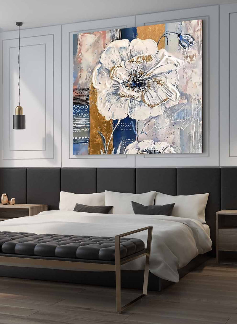 Square Canvas Wall Art Stretched Over Wooden Frame with Black Floating Frame and Mountains With Clouds Painting