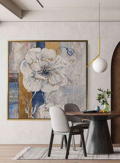 Square Canvas Wall Art Stretched Over Wooden Frame with Black Floating Frame and Mountains With Clouds Painting