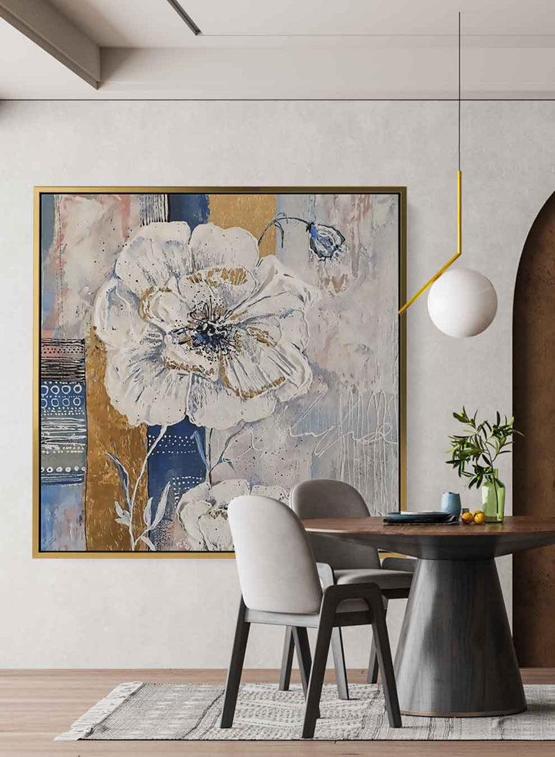 Square Canvas Wall Art Stretched Over Wooden Frame with Black Floating Frame and Mountains With Clouds Painting