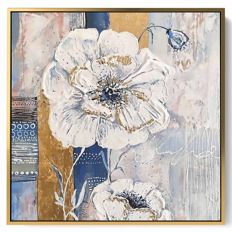 Square Canvas Wall Art Stretched Over Wooden Frame with Black Floating Frame and Mountains With Clouds Painting