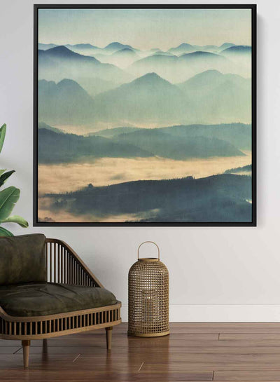 Square Canvas Wall Art Stretched Over Wooden Frame with Black Floating Frame and Mountains With Ice Painting