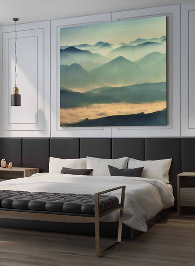Square Canvas Wall Art Stretched Over Wooden Frame with Black Floating Frame and Mountains With Ice Painting