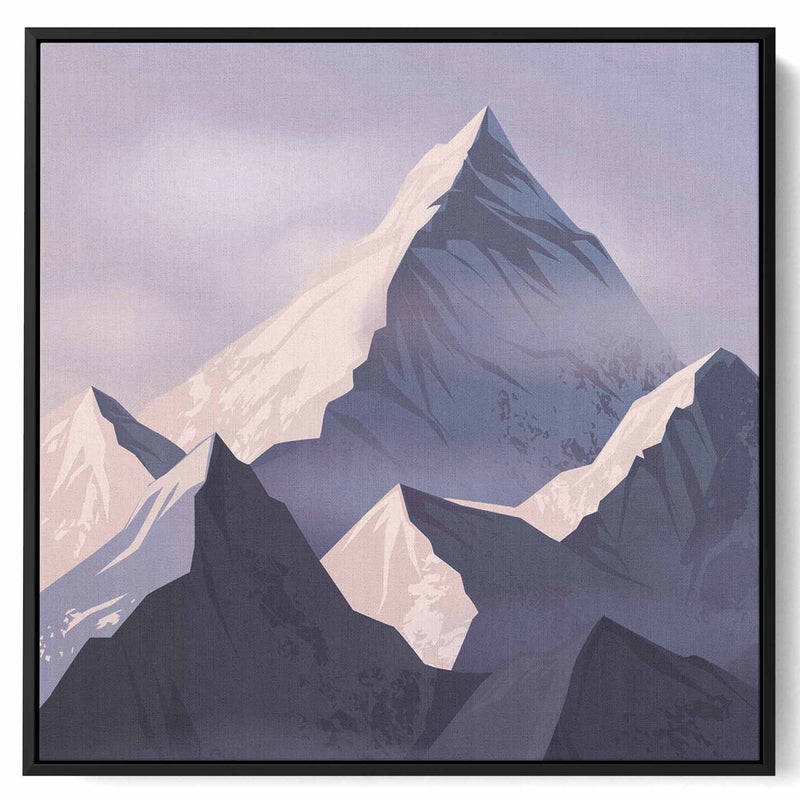 Square Canvas Wall Art Stretched Over Wooden Frame with Black Floating Frame and Sunrise Of Snow Mountains Painting
