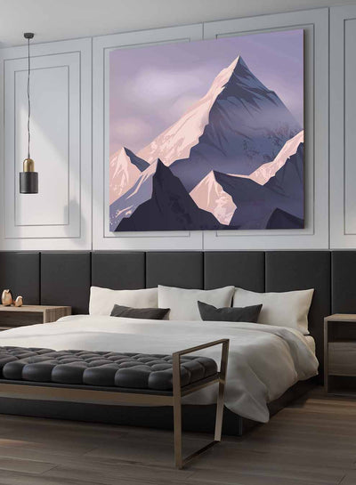 Square Canvas Wall Art Stretched Over Wooden Frame with Black Floating Frame and Sunrise Of Snow Mountains Painting