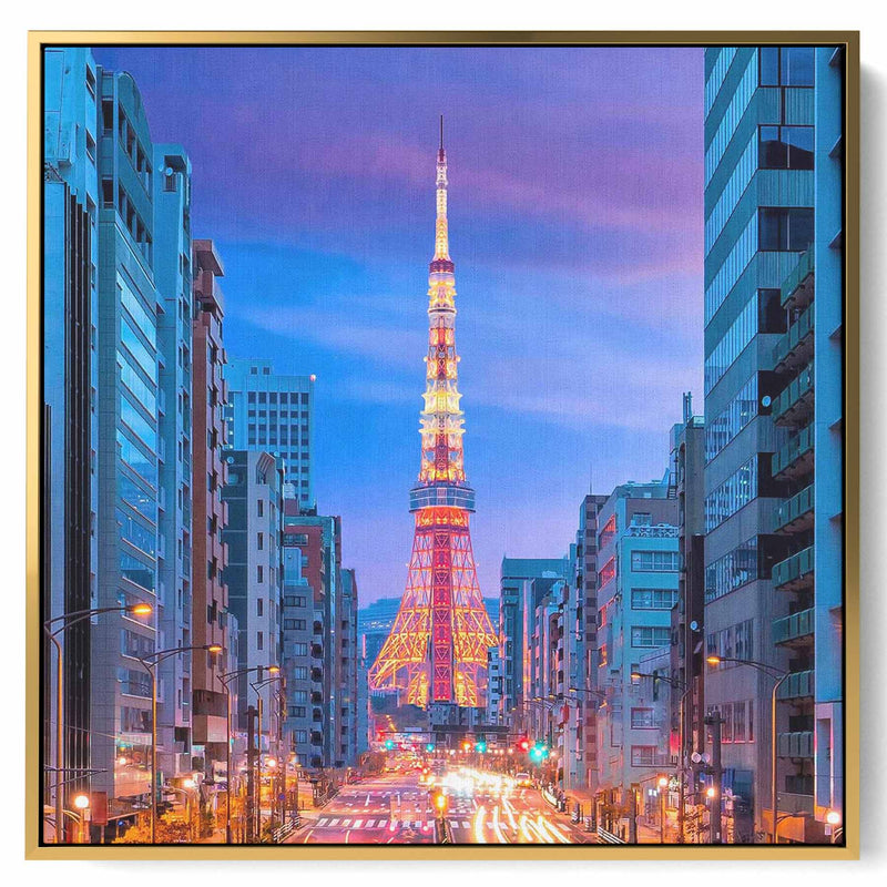 Square Canvas Wall Art Stretched Over Wooden Frame with Gold Floating Frame and Top View Of The City Painting