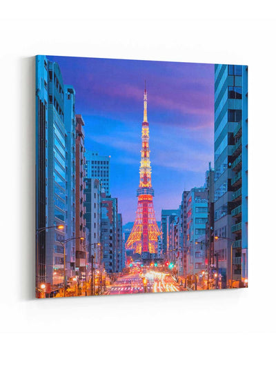 Square Canvas Wall Art Stretched Over Wooden Frame with Gold Floating Frame and Top View Of The City Painting