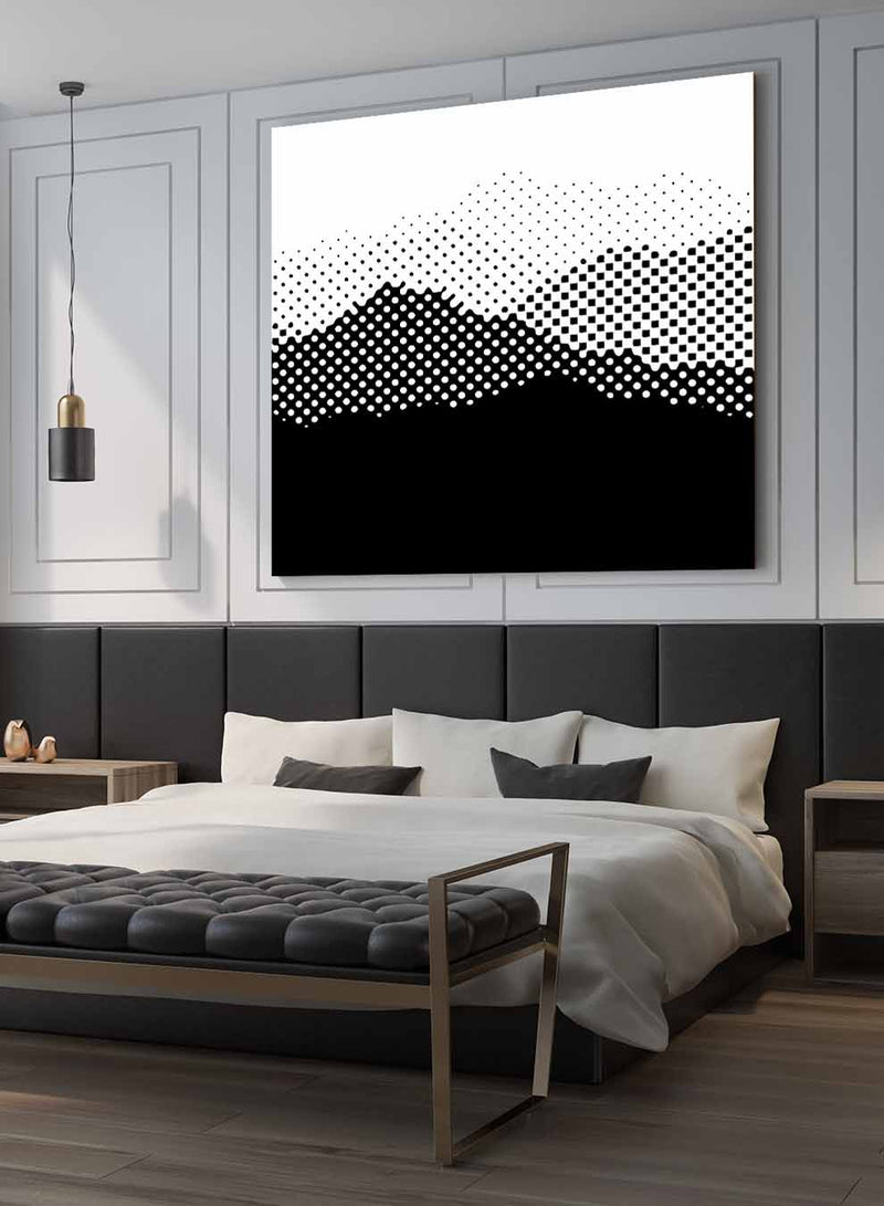 Square Canvas Wall Art Stretched Over Wooden Frame with Black Floating Frame and High Mountains Painting